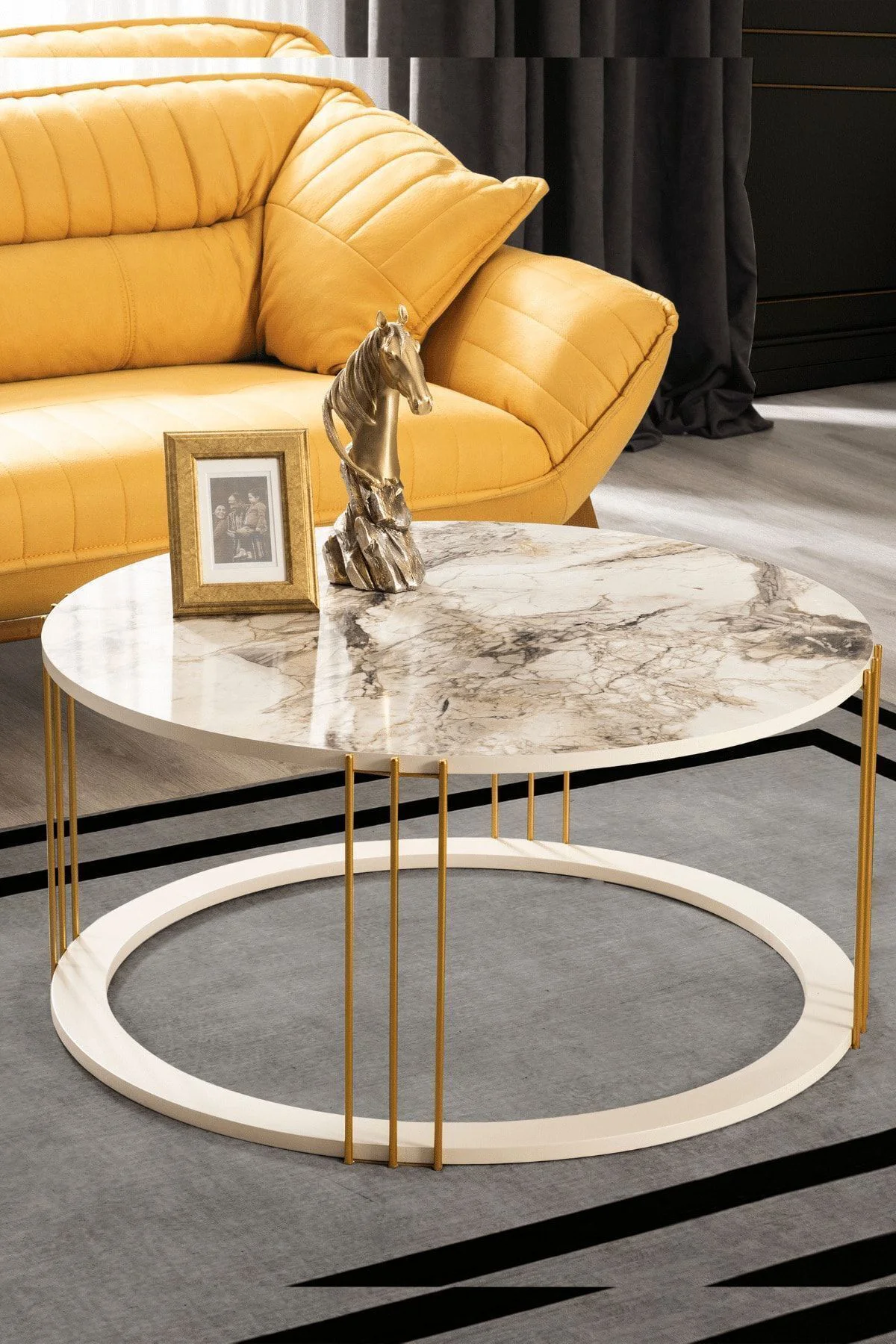 Roma Gold Metal Ayaklı,Mermer Desenli Mdf'li Orta Sehpa