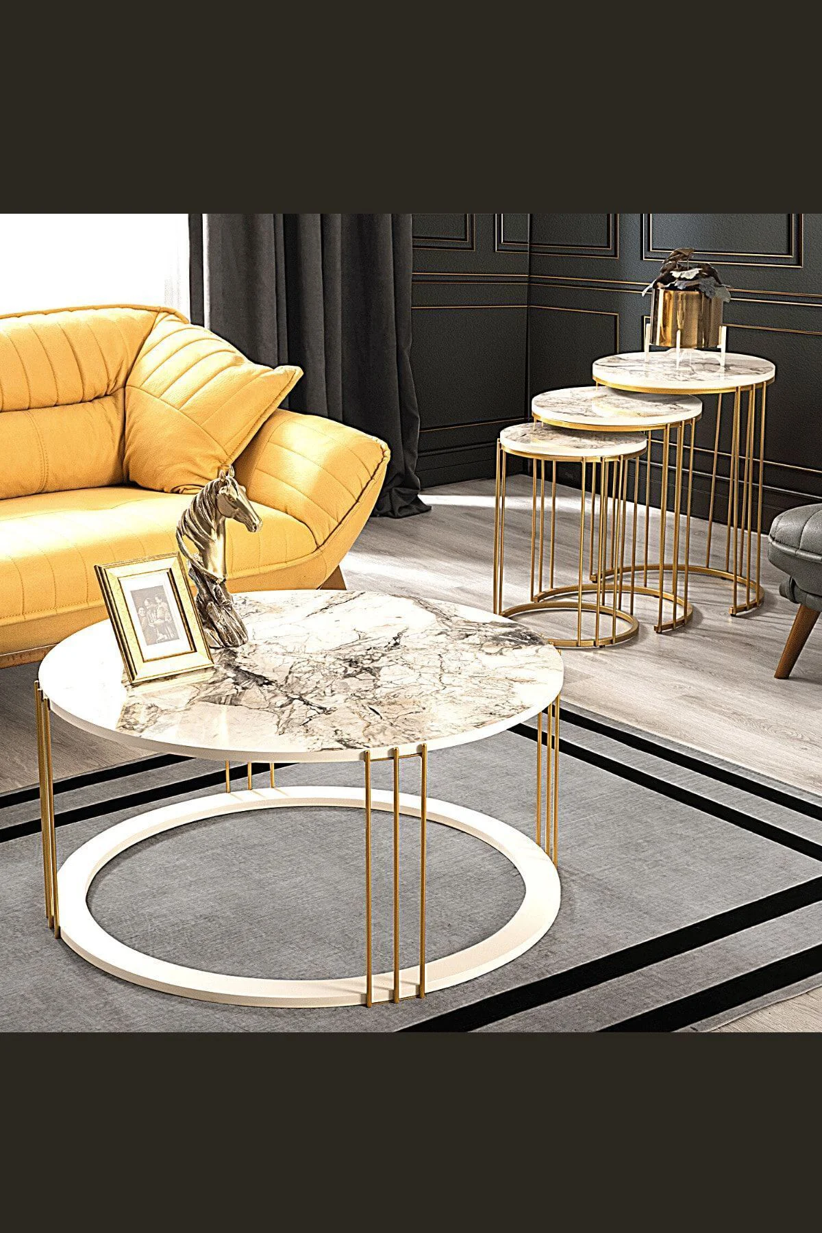 Roma Gold Metal Ayaklı,Mermer Desenli Mdf'li Sehpa  Seti