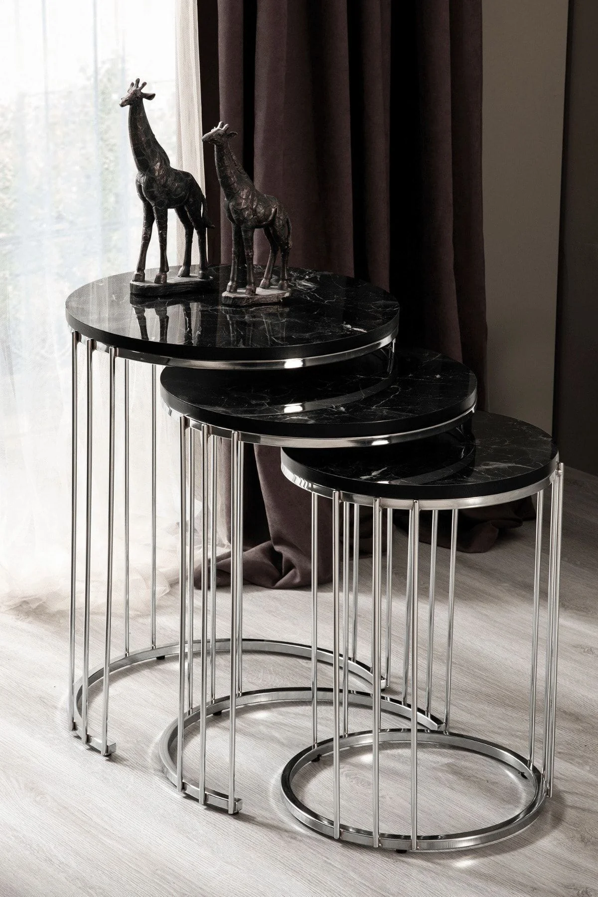 Roma Krom Metal Ayaklı,Mermer Desenli, 3'Lü Zigon Sehpa