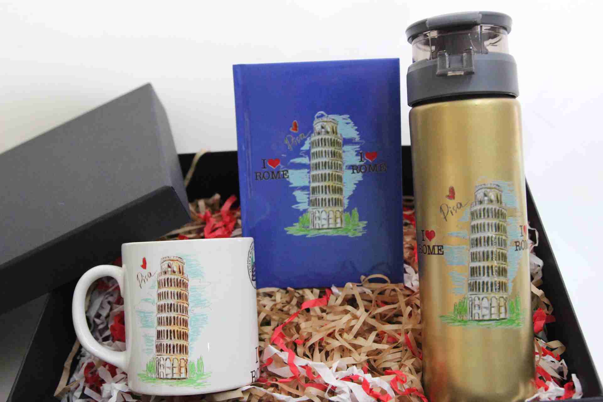 Roma Pisa Kulesi Temalı Hediye Seti - Termos, Kupa Bardak ve Defter Hediye Kutusu