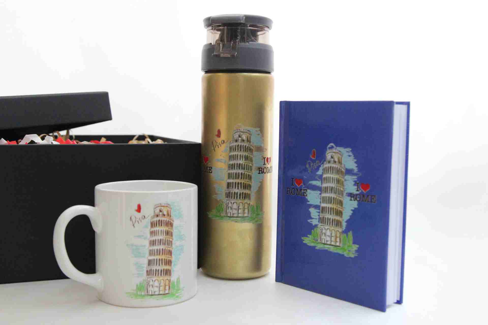 Roma Pisa Kulesi Temalı Hediye Seti - Termos, Kupa Bardak ve Defter Hediye Kutusu