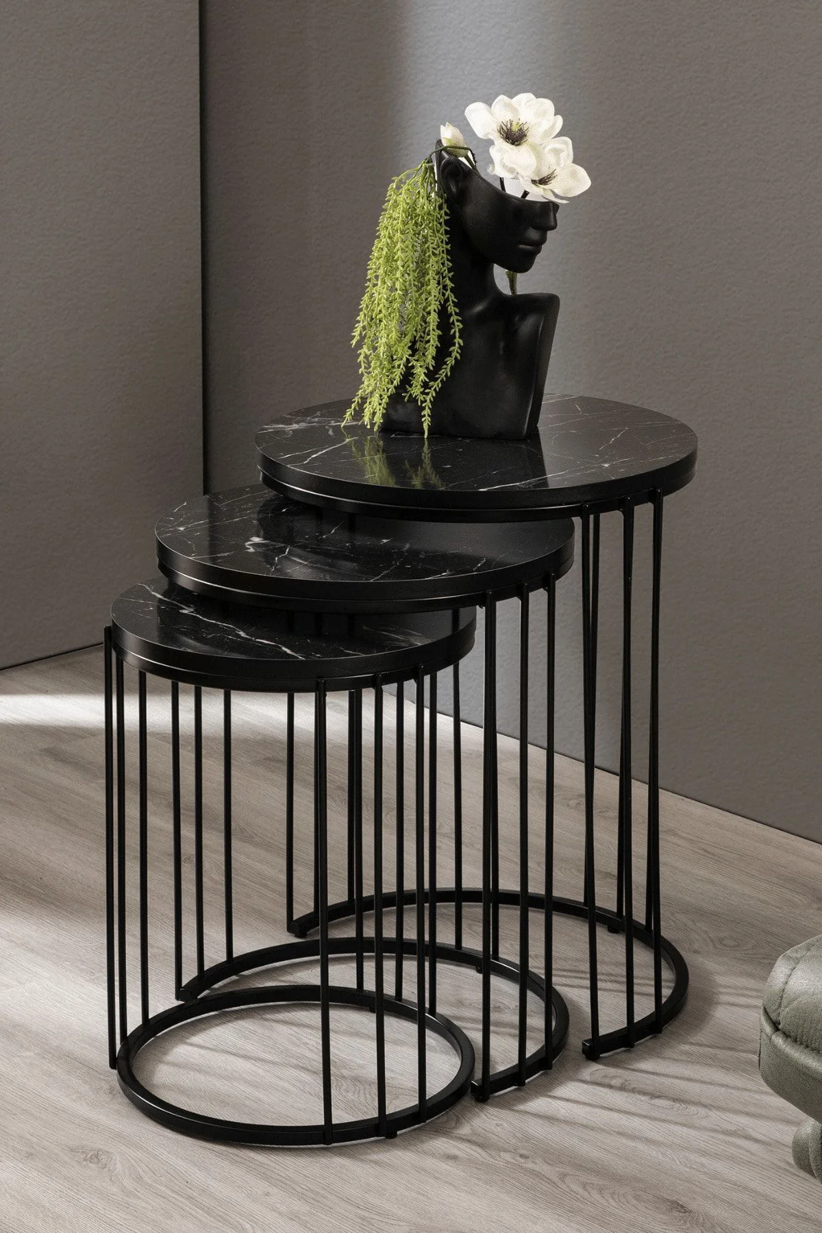 Roma Siyah Metal Ayaklı,Mermer Desenli Mdf'li Zigon Sehpa