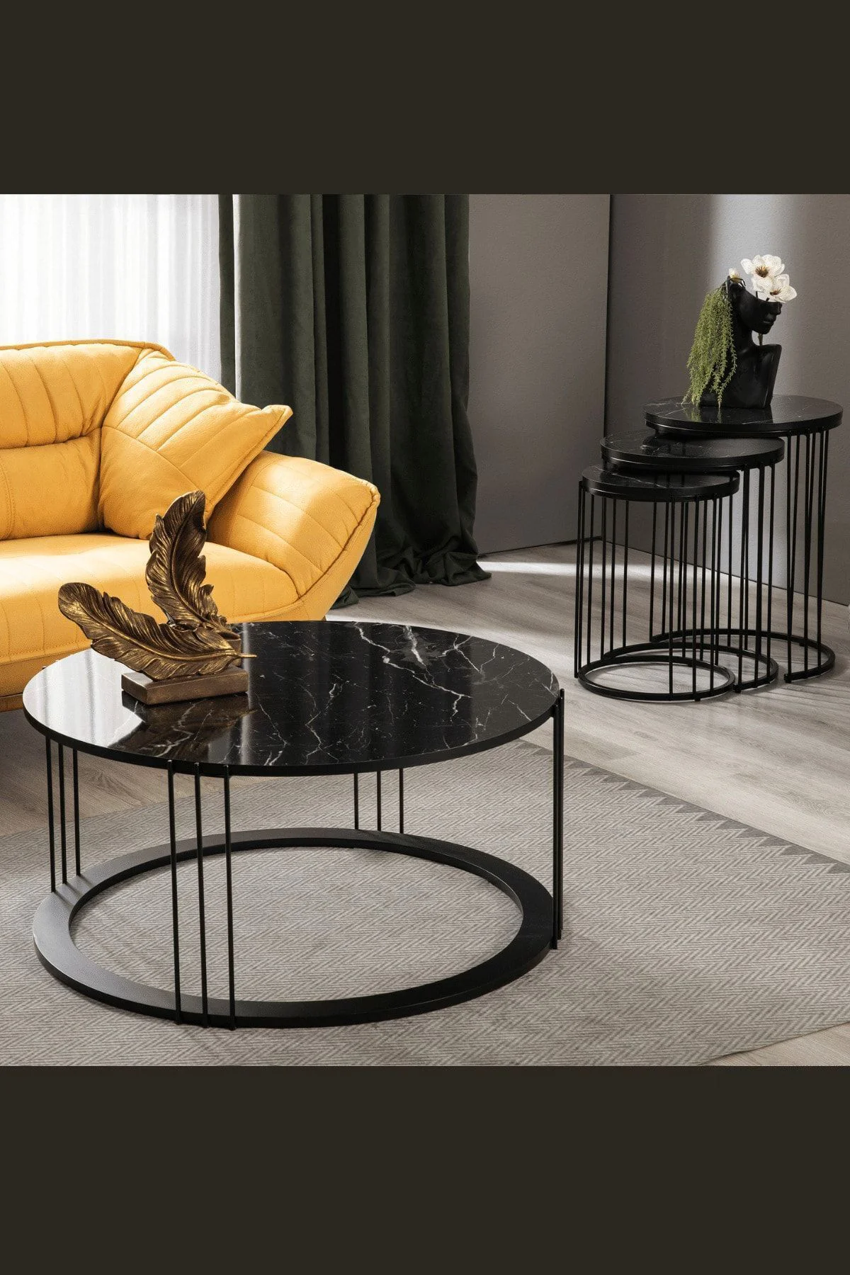 Roma Siyah Metal Ayaklı Mermer Desenli Mdf'li Sehpa  Seti