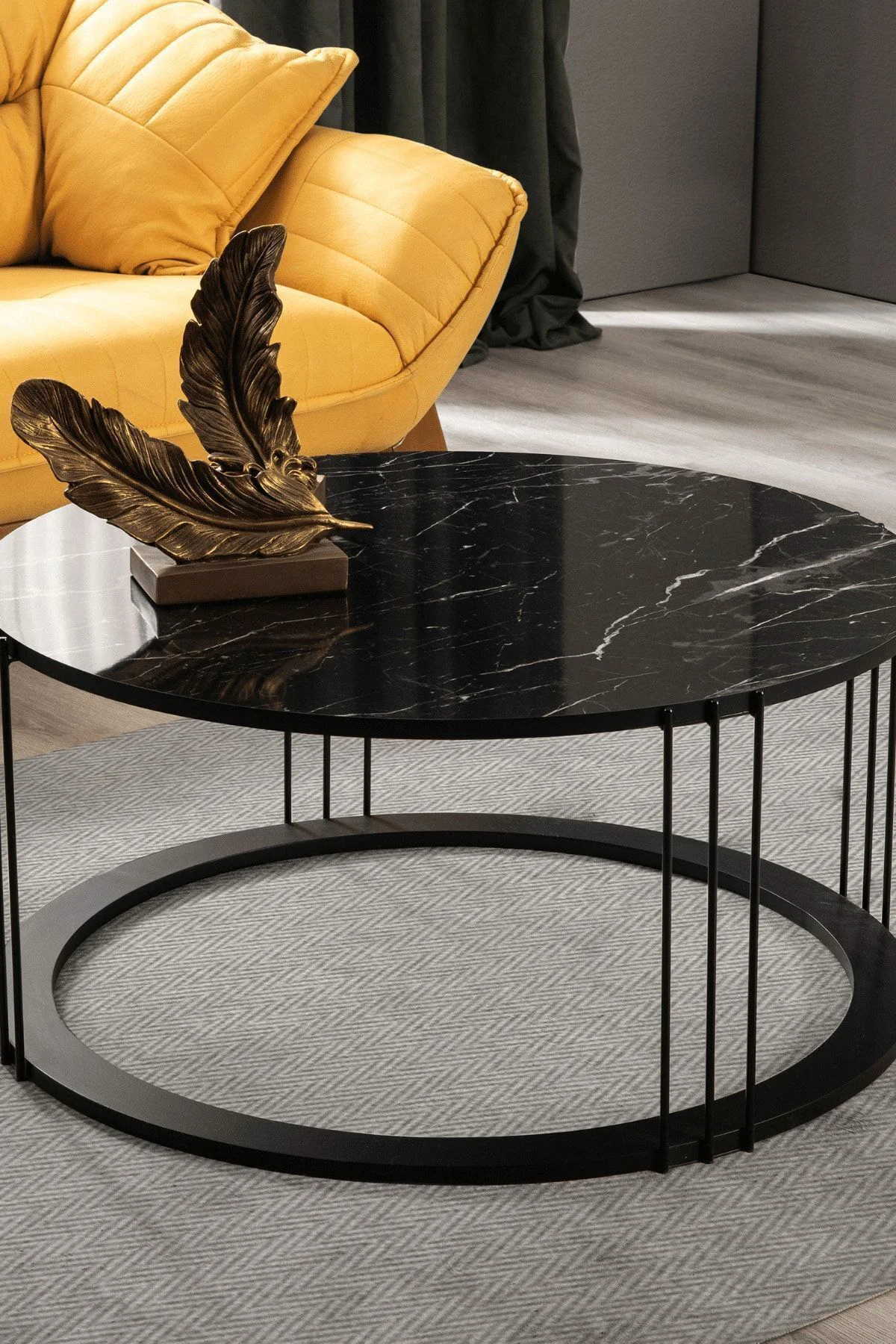 Roma Siyah Metal Ayaklı Mermer Desenli Mdf'li Sehpa  Seti