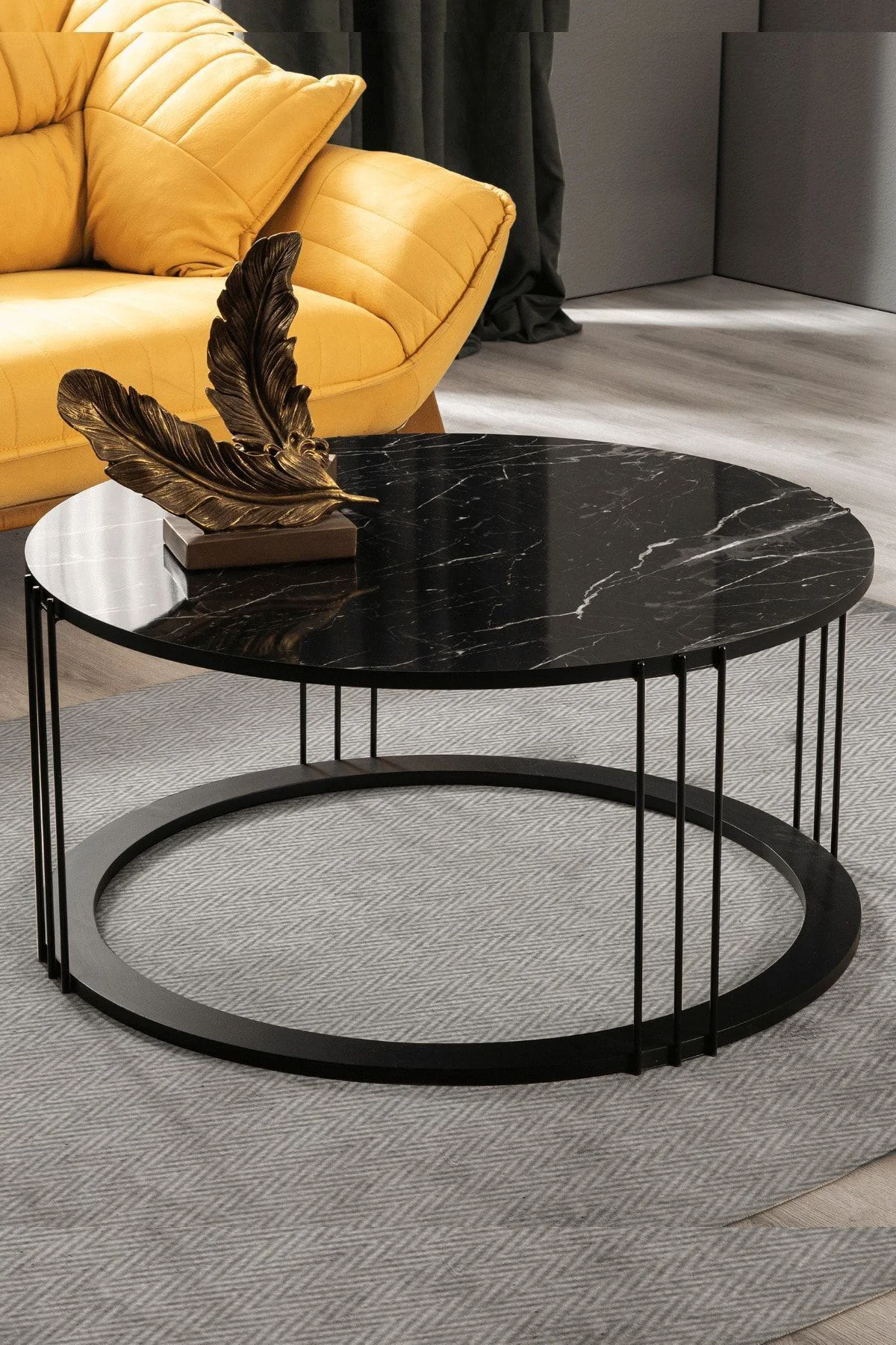 Roma Siyah Metal Ayaklı Mermer Desenli Mdf'li Sehpa  Seti