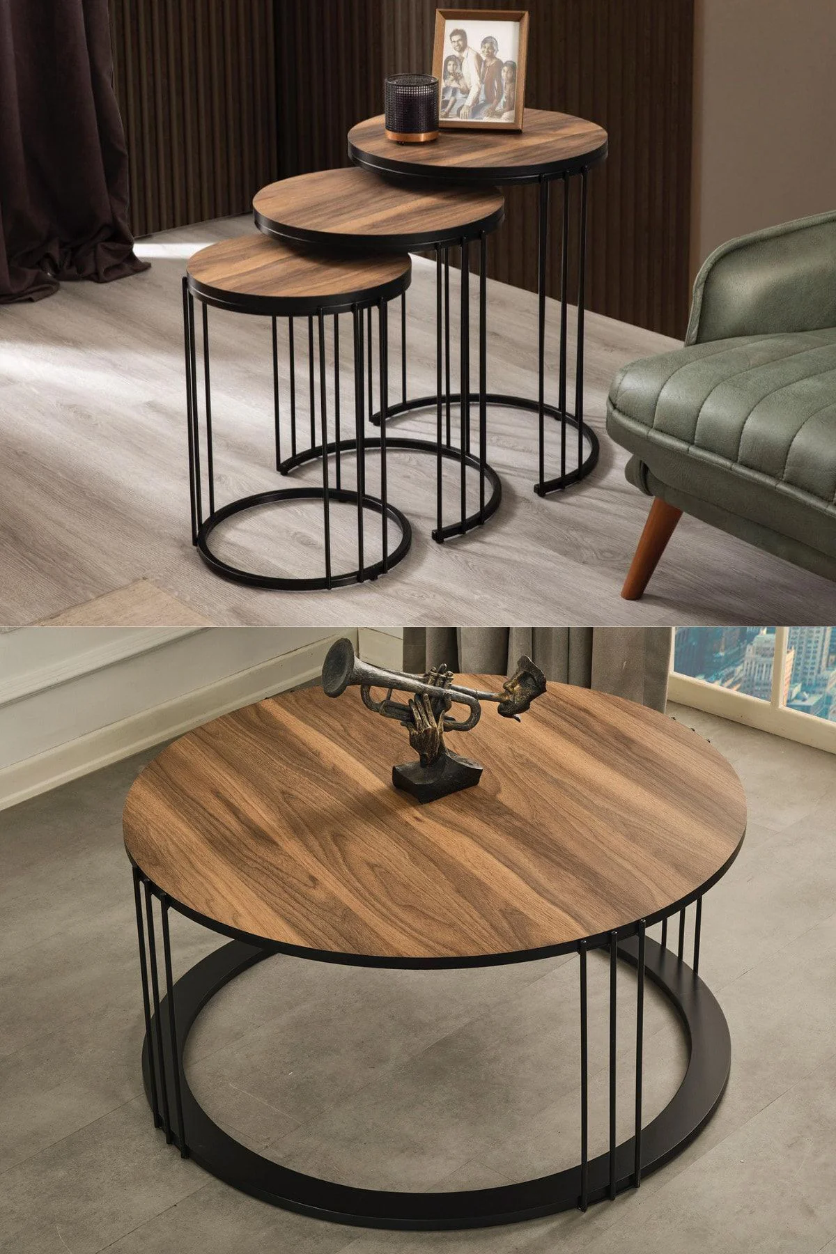 Roma Siyah Metal Ayaklı,ceviz Kaplama Mdf Sehpa Seti