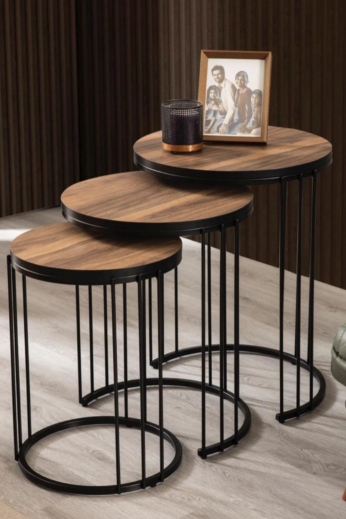 Roma Siyah Metal Ayaklı,ceviz Kaplama Mdf Sehpa Seti