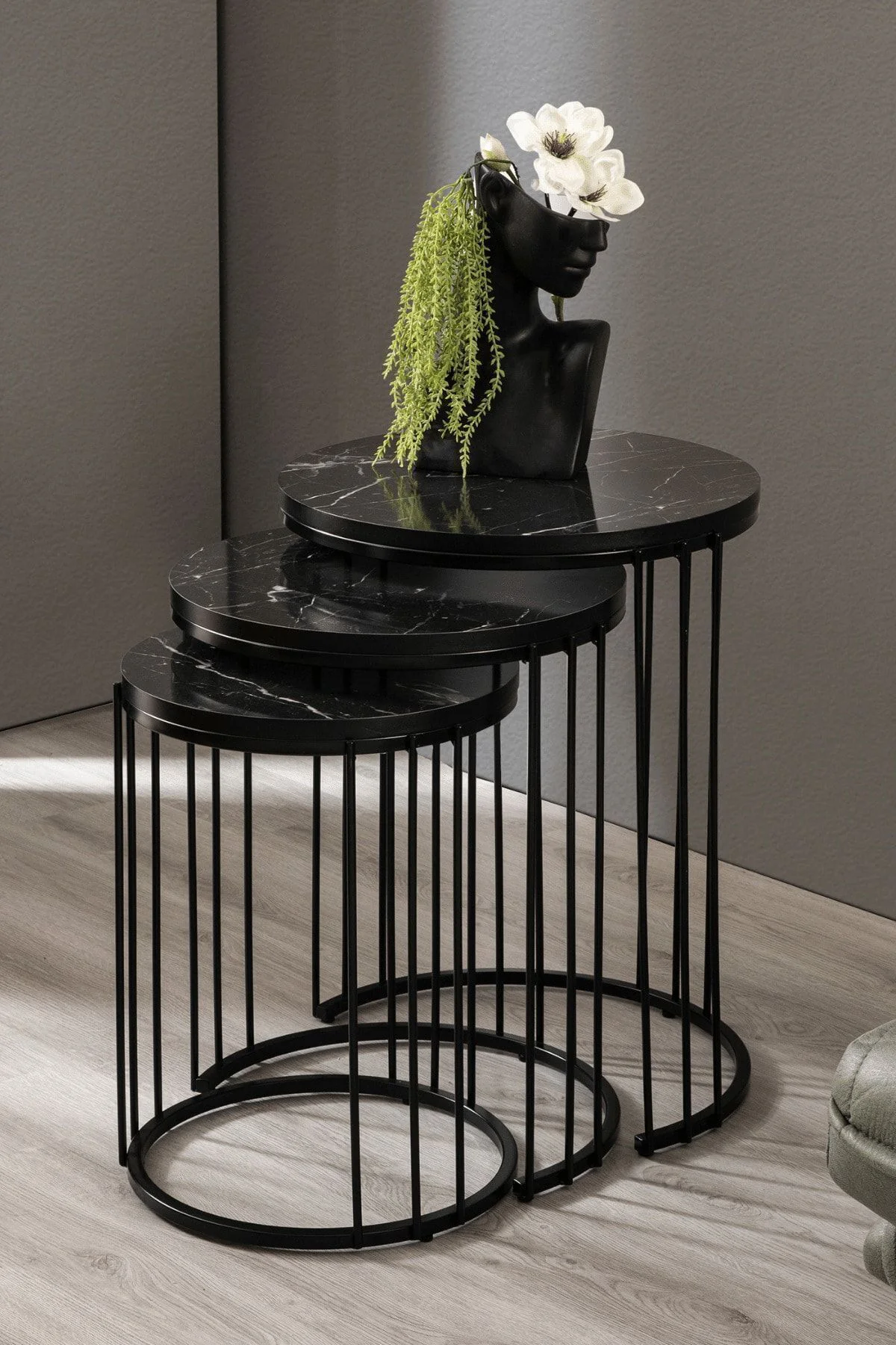 Roma Siyah Metal Ayaklı Mermer Desenli Mdf'li Sehpa  Seti