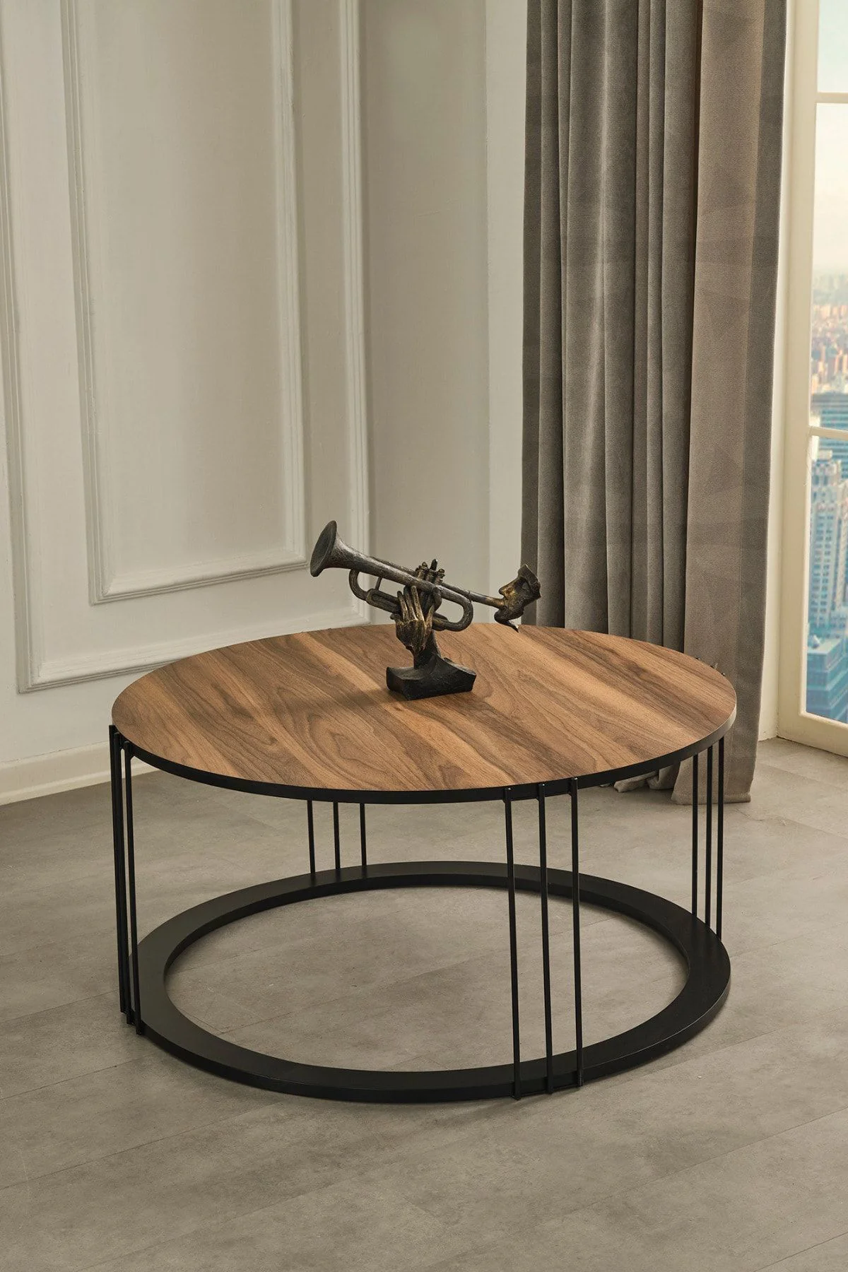 Roma Siyah Metal Ayaklı,ceviz Kaplama Mdf Sehpa Seti