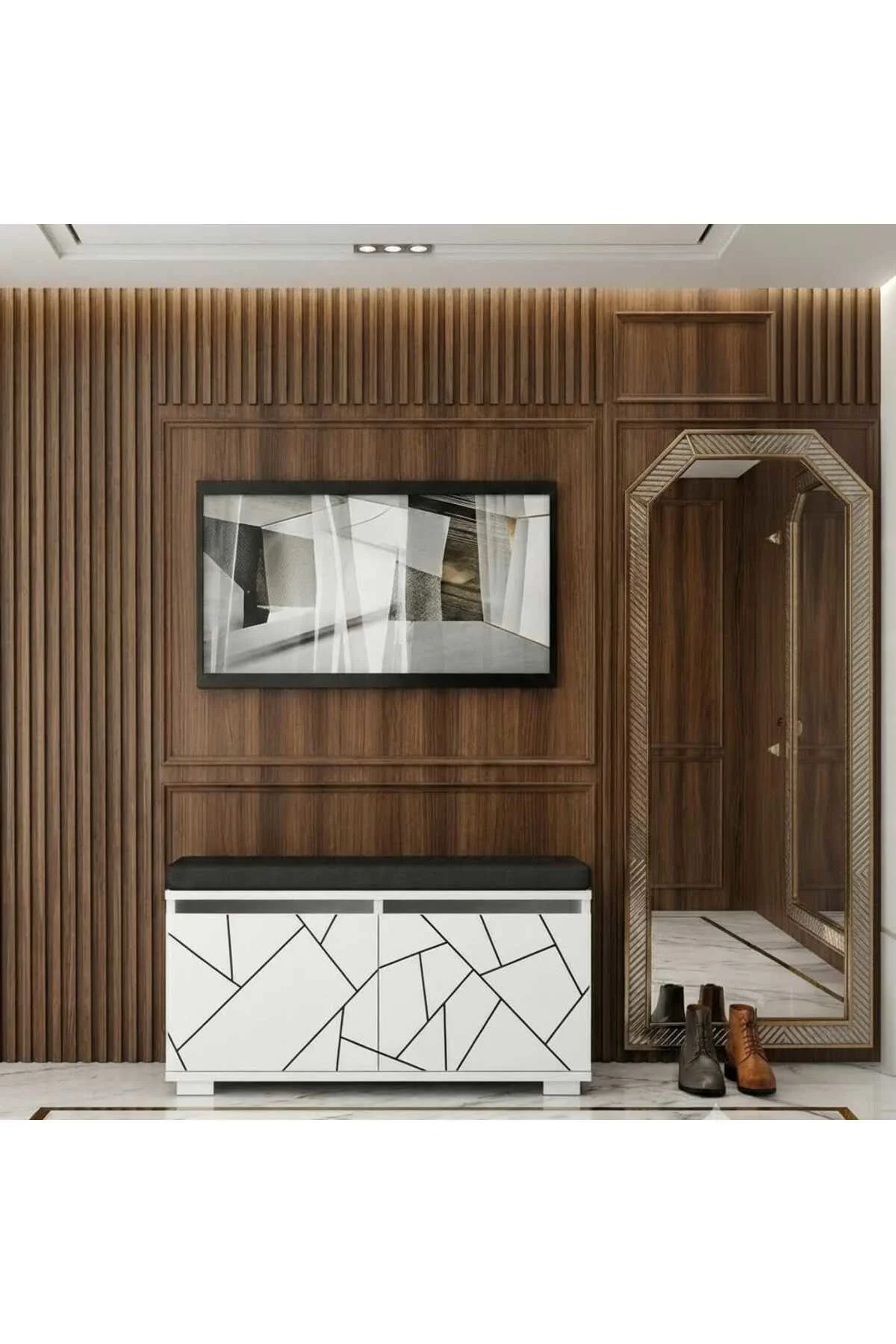ROMANA 80 cm Minderli Oturaklı Ayakkabılık | 2 Kapaklı Beyaz Ayak