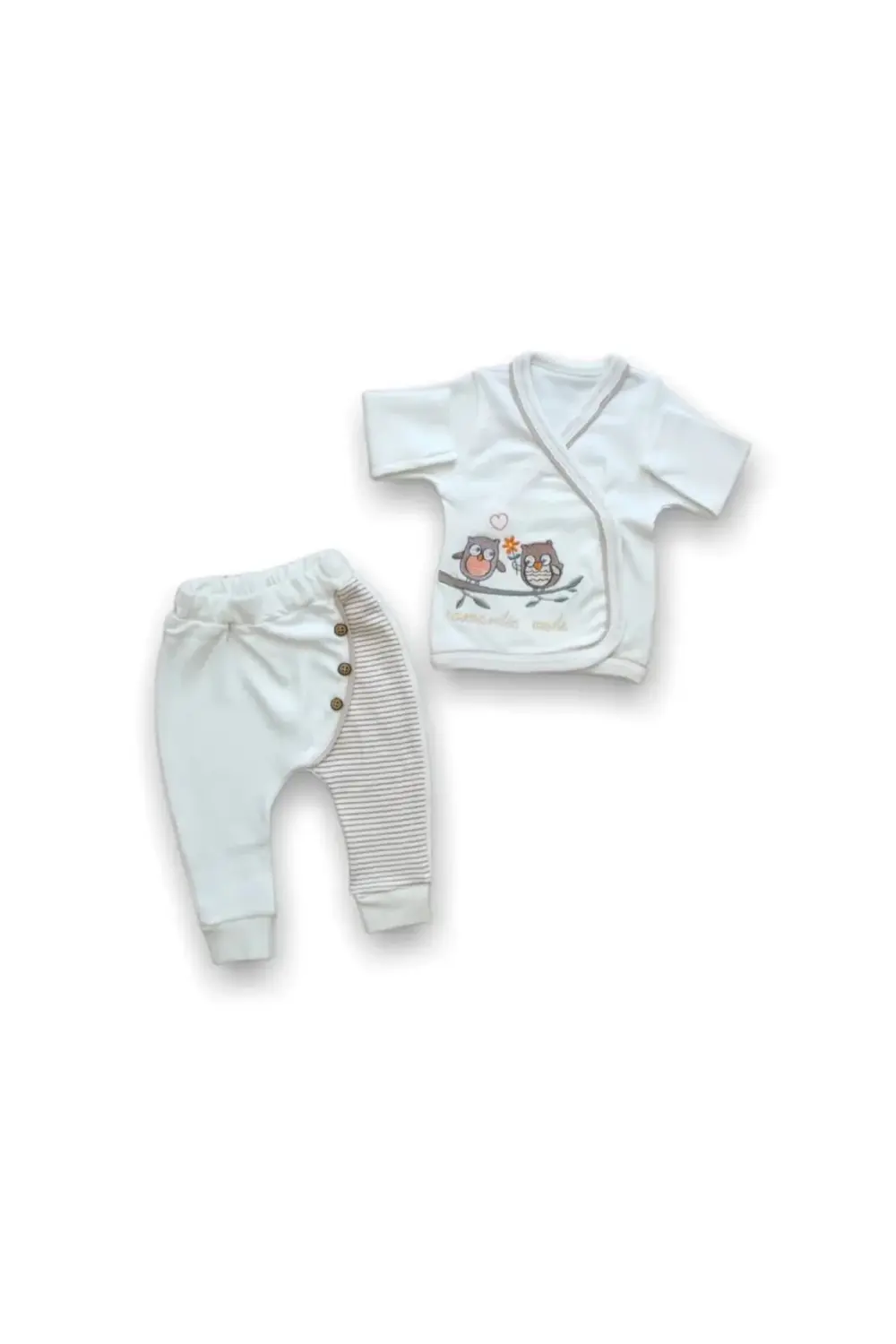 Romantik Çift Baykuş Nakışlı 5li Zıbın Takımı Hastane Çıkışı Ekru