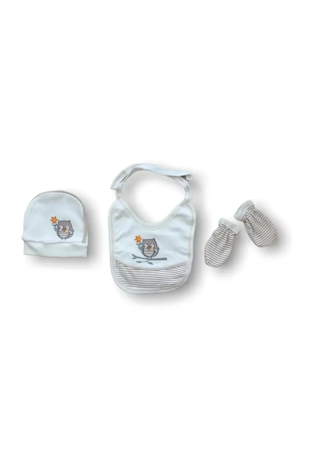 Romantik Çift Baykuş Nakışlı 5li Zıbın Takımı Hastane Çıkışı Ekru