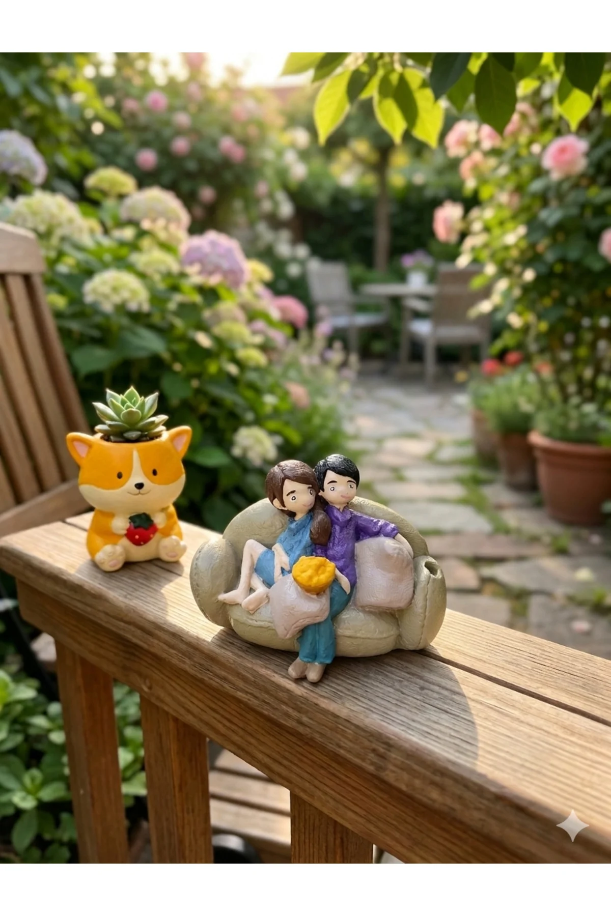 Romantik Çift Biblo ve Sevimli Corgi Saksı Dekoratif Hediye Seti - 2'li Tasarım Ev Ofis Aksesuarı