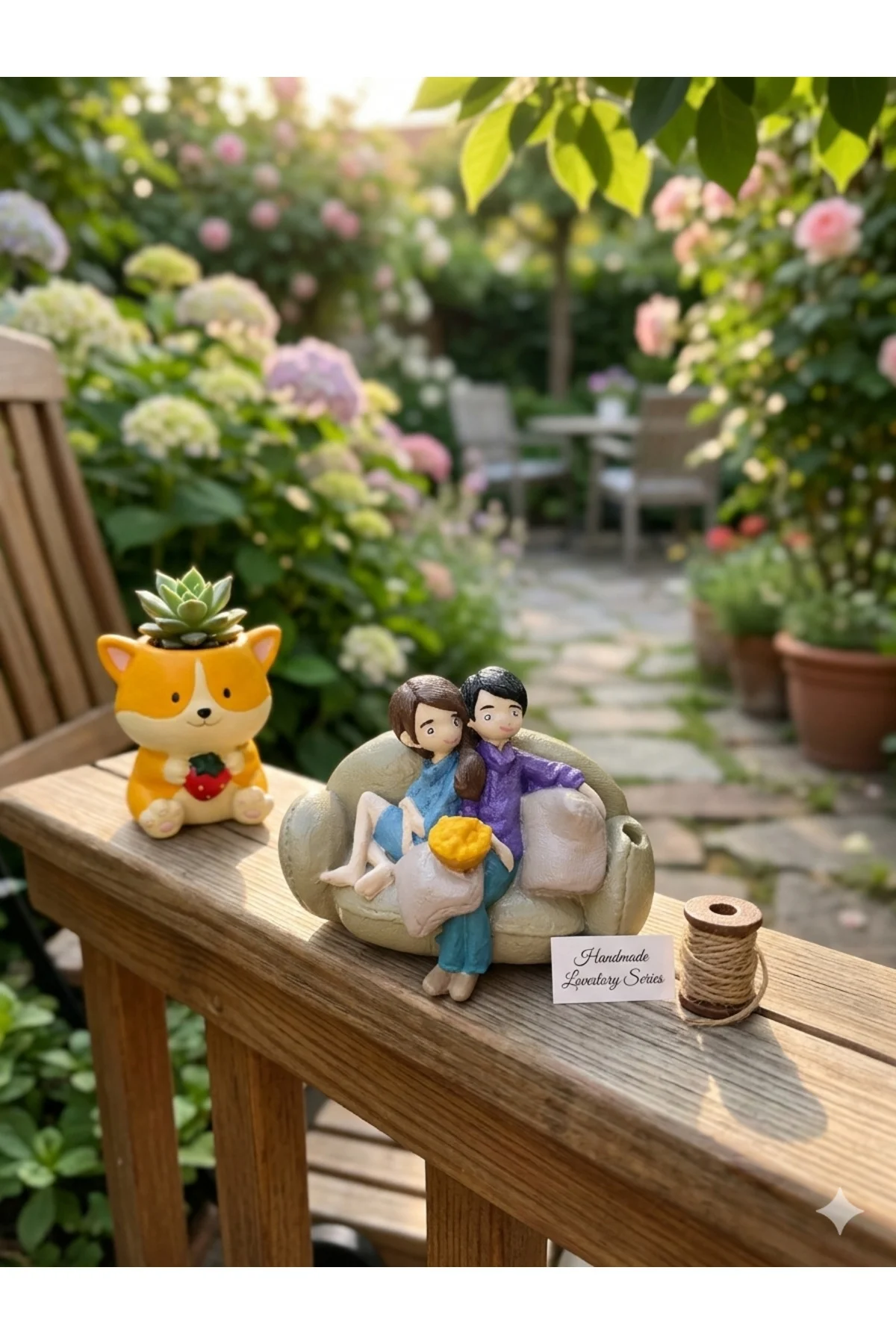 Romantik Çift Biblo ve Sevimli Corgi Saksı Dekoratif Hediye Seti - 2'li Tasarım Ev Ofis Aksesuarı