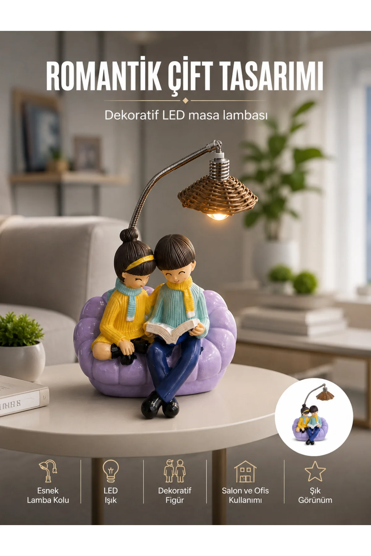 Romantik Çift Figürlü Okuyan Çift Masa Lambası Dekoratif LED Aydınlatma