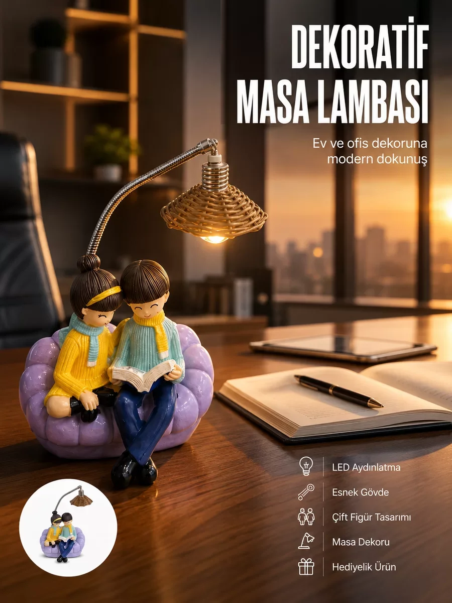 Romantik Çift Temalı Masa Lambası – Yumuşak LED Işıkla Huzurlu Atmosfer