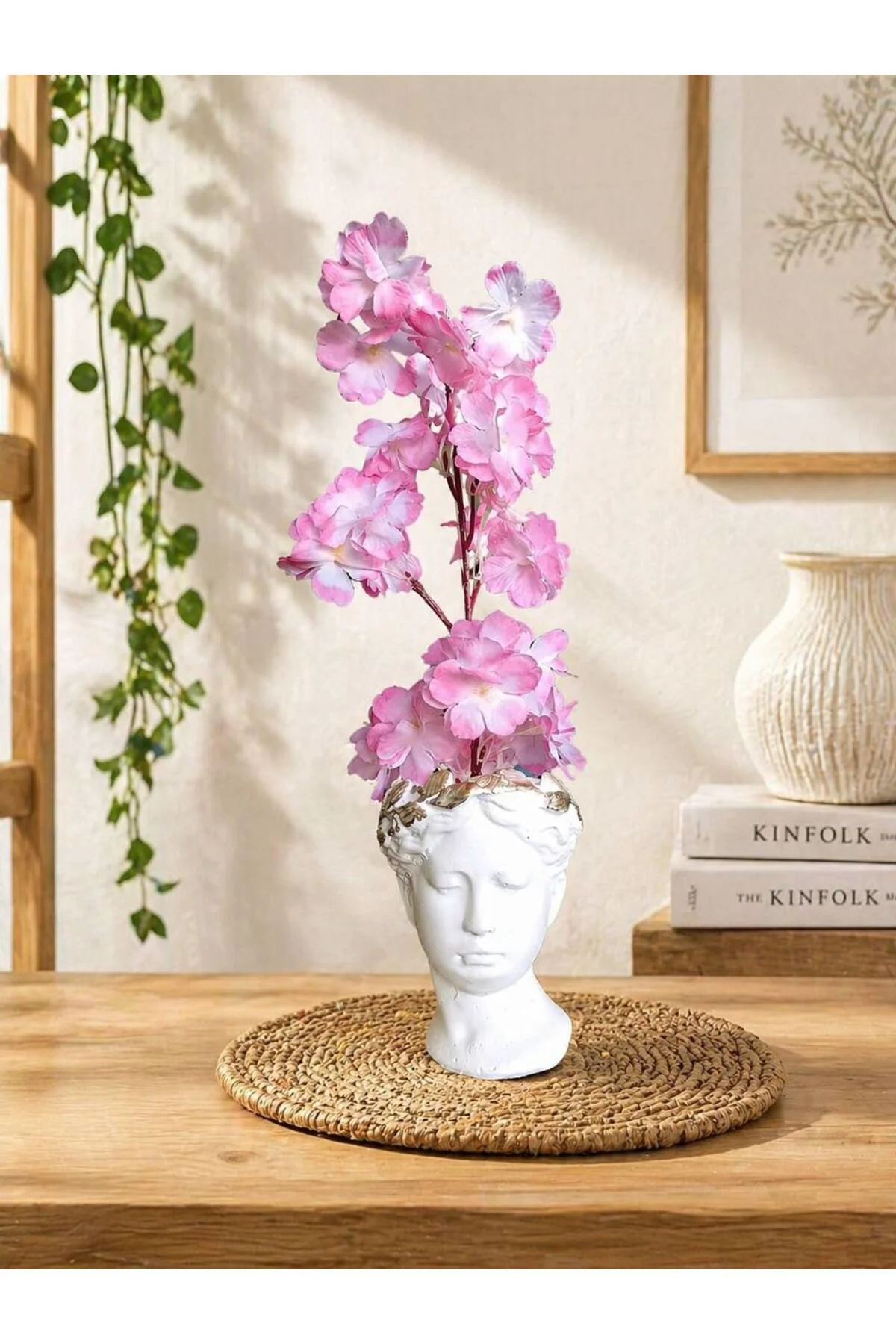 Romantik Dekoratif Heykel Pembe Bahar Dallı Helen Büst Saksı
