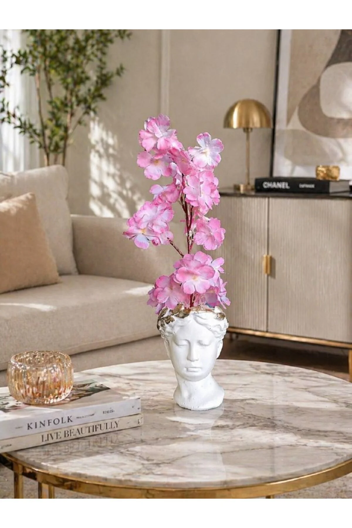 Romantik Dekoratif Heykel Pembe Bahar Dallı Helen Büst Saksı