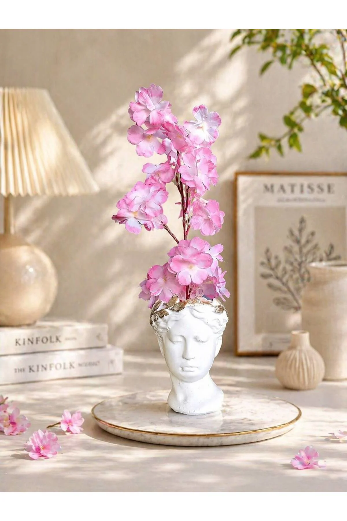 Romantik Dekoratif Heykel Pembe Bahar Dallı Helen Büst Saksı