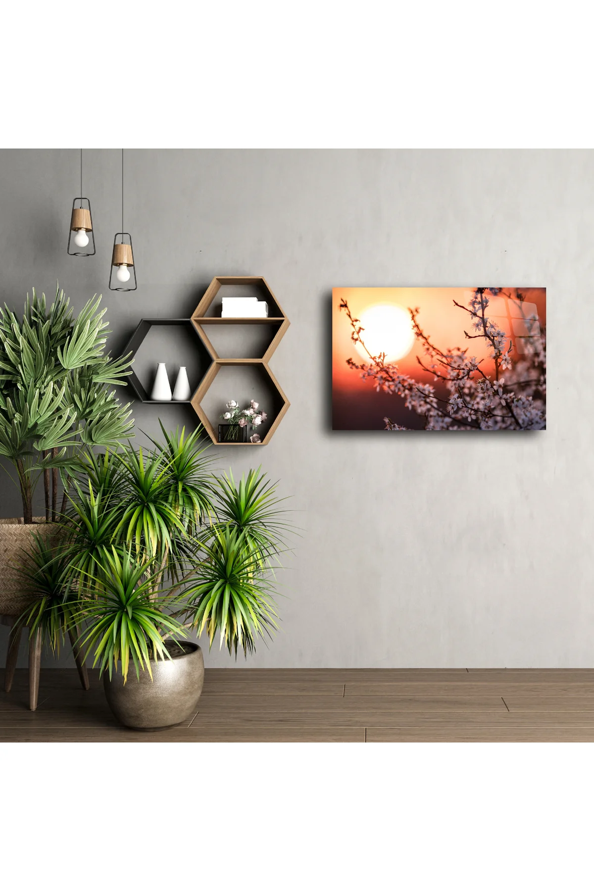 Romantik Gün Batımı Manzaralı Kiraz Çiçeği Kanvas Tablo