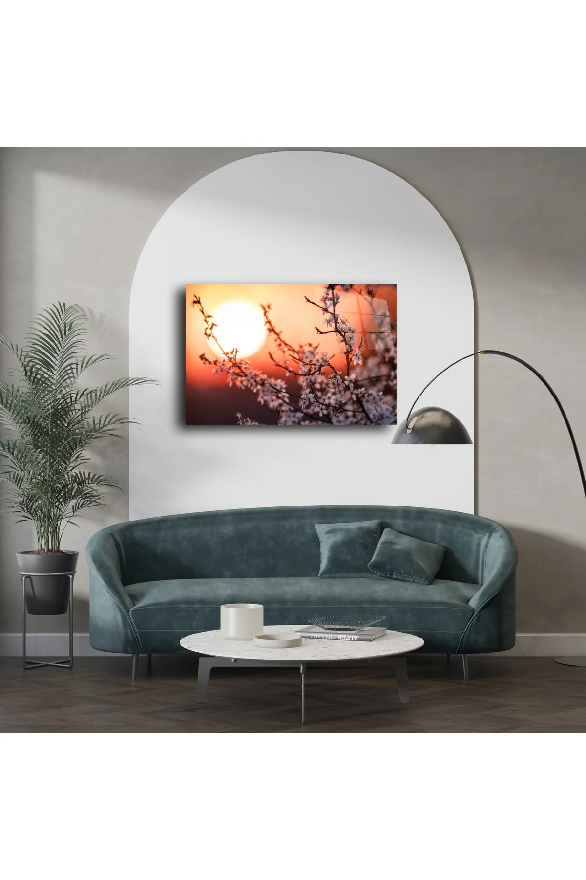 Romantik Gün Batımı Manzaralı Kiraz Çiçeği Kanvas Tablo