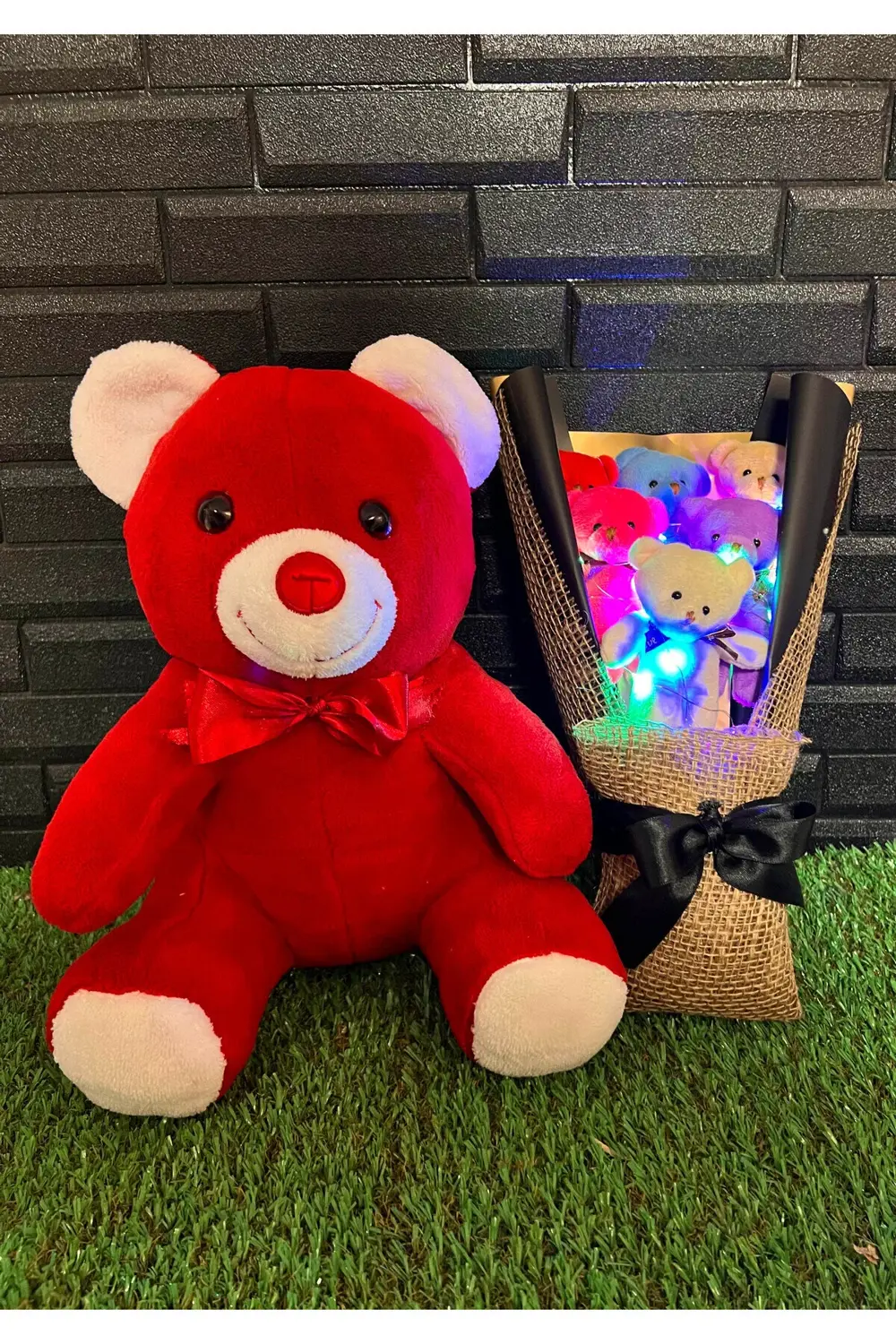 Romantik Hediye 35cm Kırmızı Ayıcık ve Rengarenk Işıklı 6lı Ayıcı