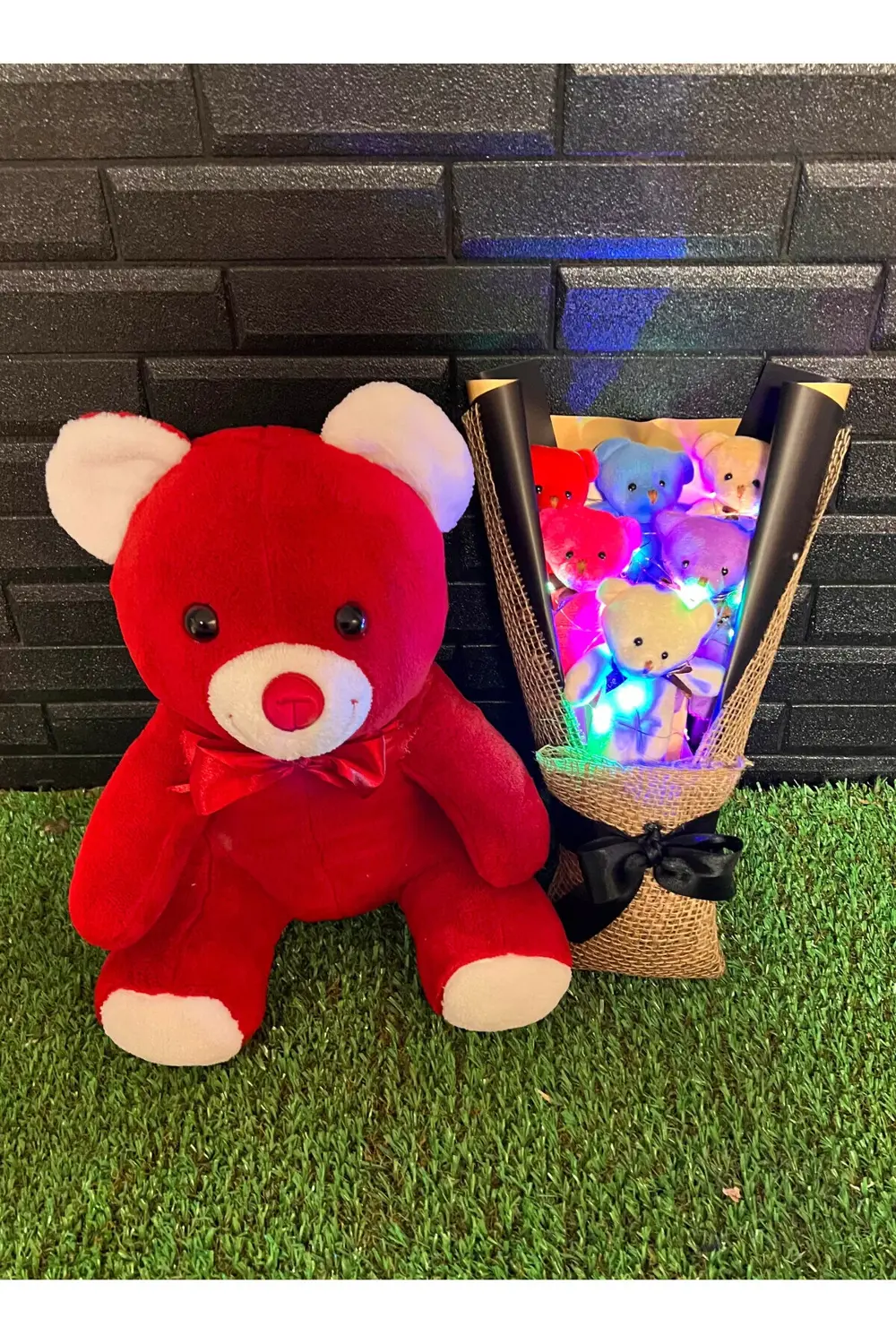 Romantik Hediye 35cm Kırmızı Ayıcık ve Rengarenk Işıklı 6lı Ayıcı