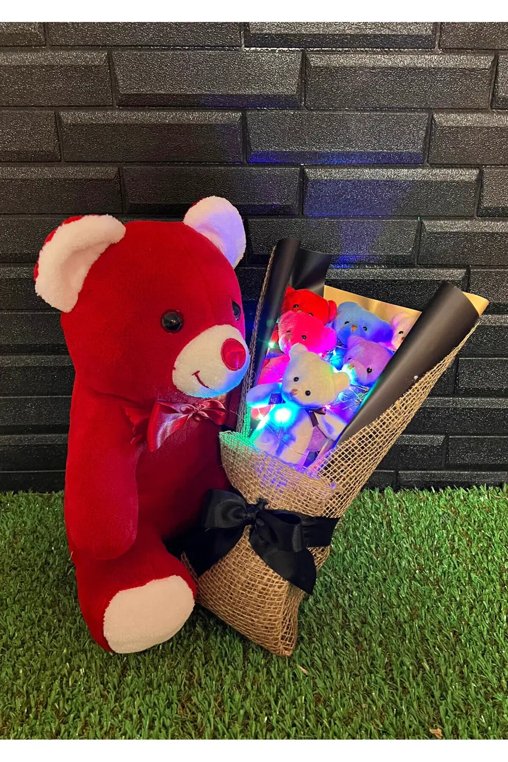 Romantik Hediye 35cm Kırmızı Ayıcık ve Rengarenk Işıklı 6lı Ayıcı