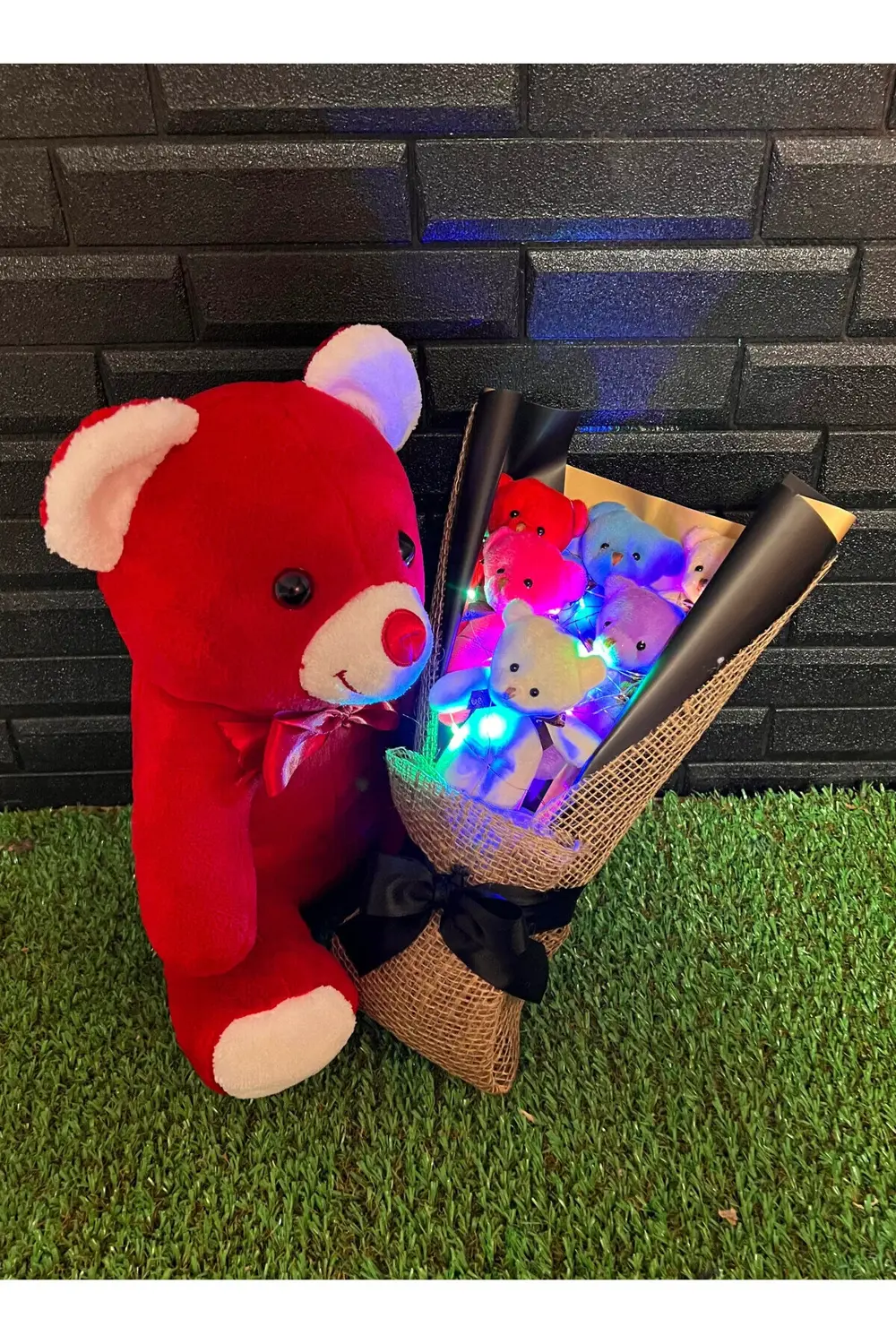 Romantik Hediye 35cm Kırmızı Ayıcık ve Rengarenk Işıklı 6lı Ayıcı