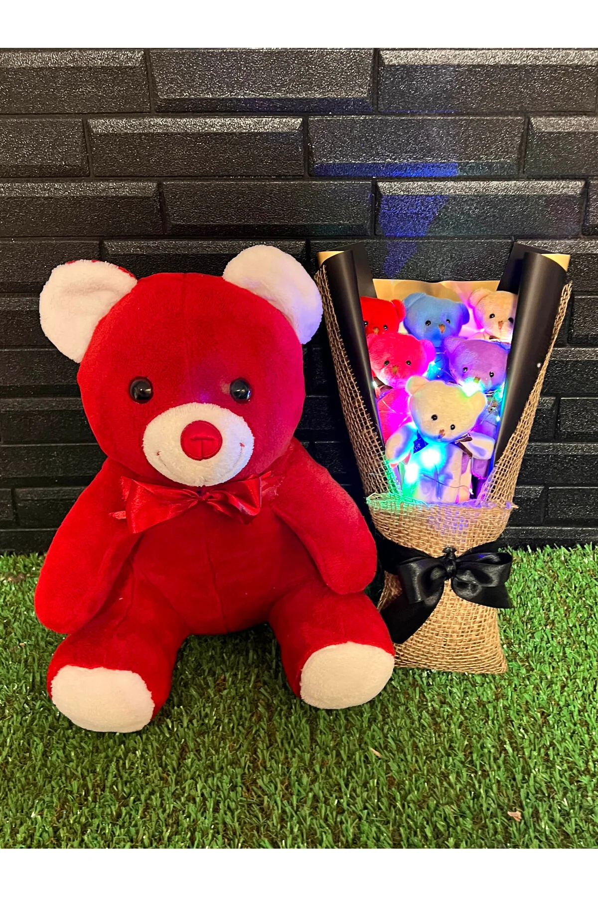 Romantik Hediye 35cm Kırmızı Ayıcık ve Rengarenk Işıklı 6lı Ayıcı