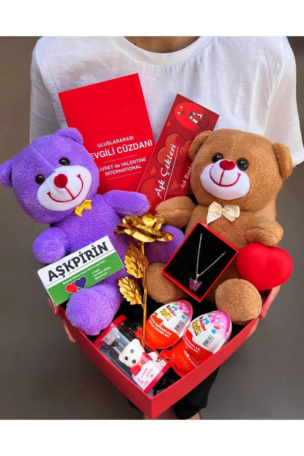 Romantik Hediye Sevgiliye Mor Ve Kahverengi Ayıcık Ve Kalp Kutuda