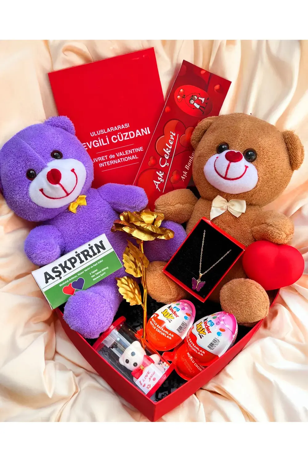 Romantik Hediye Sevgiliye Mor Ve Kahverengi Ayıcık Ve Kalp Kutuda