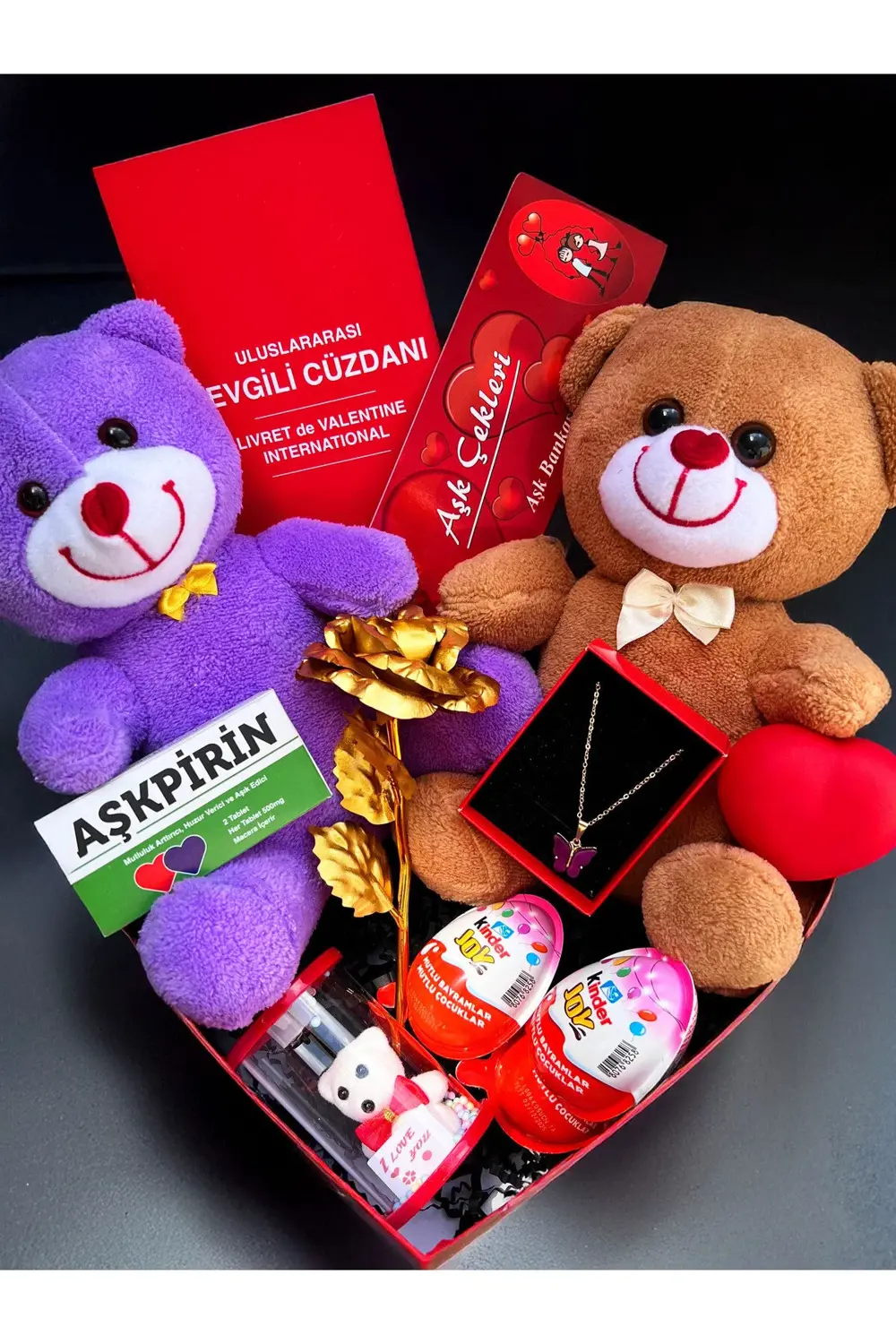 Romantik Hediye Sevgiliye Mor Ve Kahverengi Ayıcık Ve Kalp Kutuda