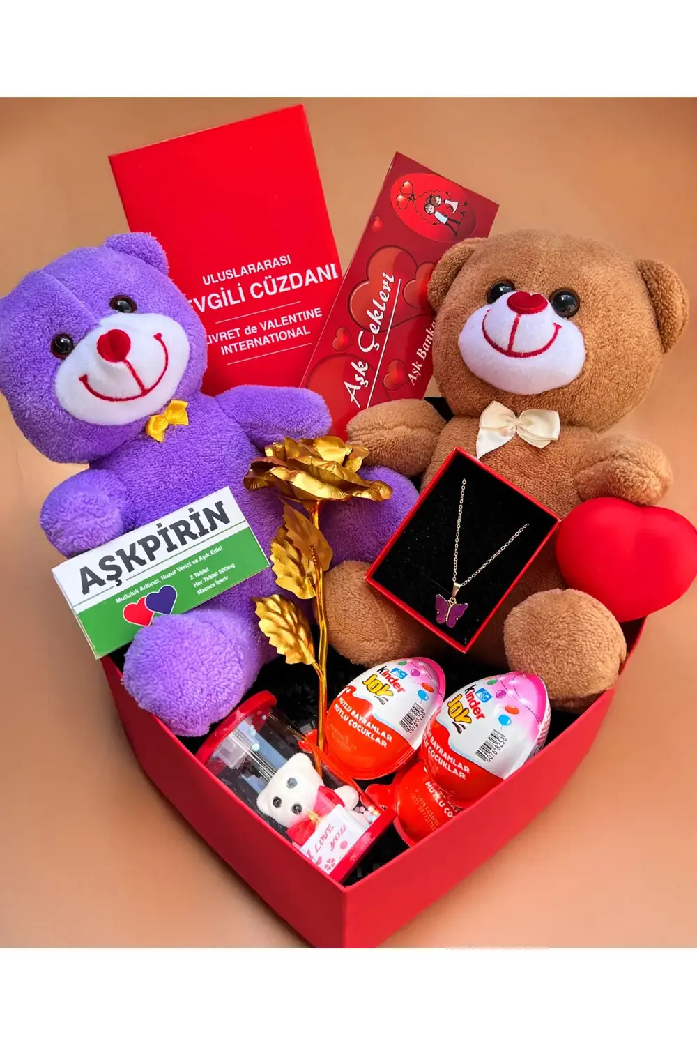 Romantik Hediye Sevgiliye Mor Ve Kahverengi Ayıcık Ve Kalp Kutuda