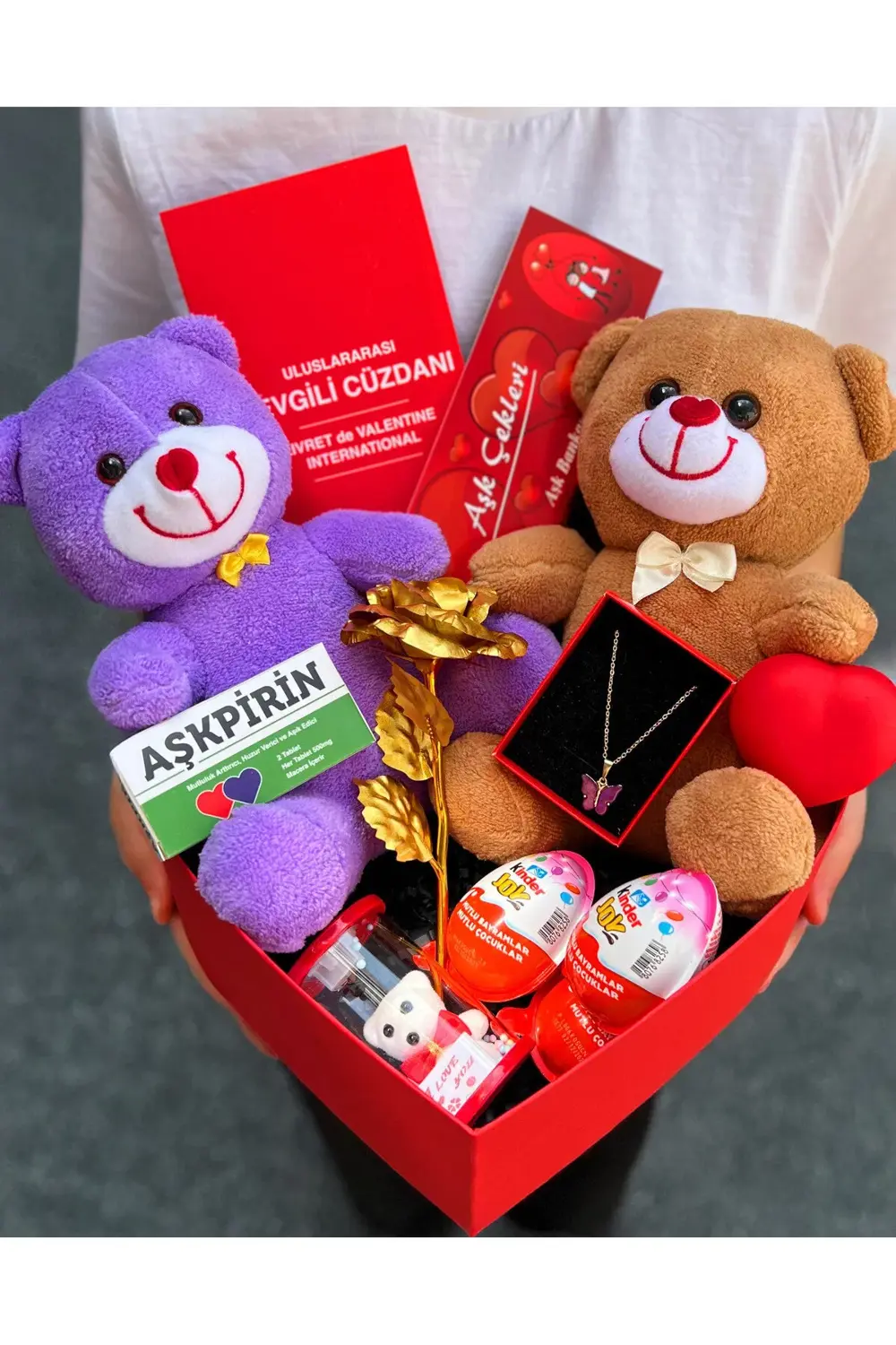 Romantik Hediye Sevgiliye Mor Ve Kahverengi Ayıcık Ve Kalp Kutuda