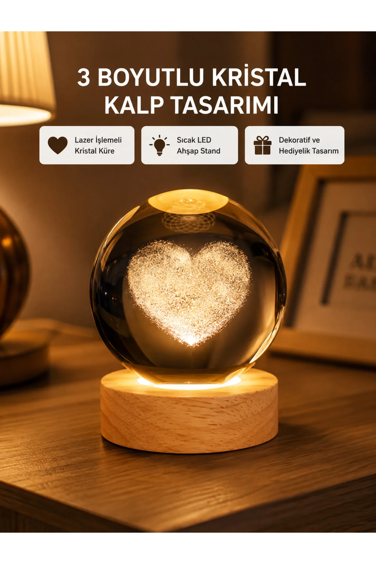 Romantik Kalpli Kristal Cam Küre Usb’Li Işıklı Dekoratif Obje Romantik Kalpli Kristal Cam Küre Usb’Li Işıklı Dekoratif Obje