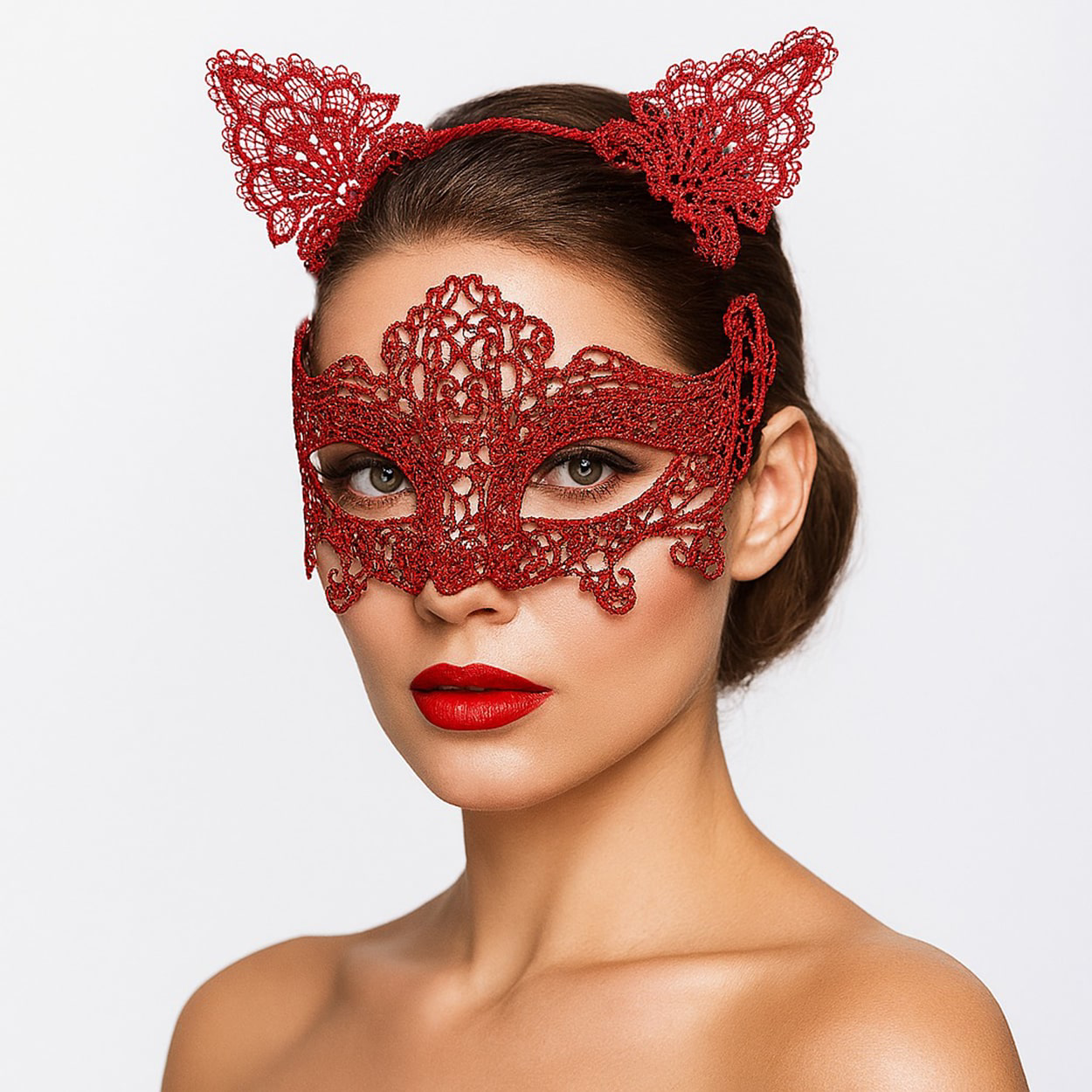 Romantik Kırmızı Dantel Maske Seti – Kedi Kulaklı Taç ve Maske 3 