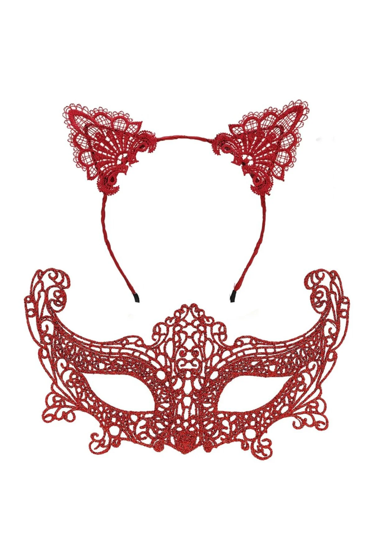 Romantik Kırmızı Dantel Maske Seti – Kedi Kulaklı Taç ve Maske 3 