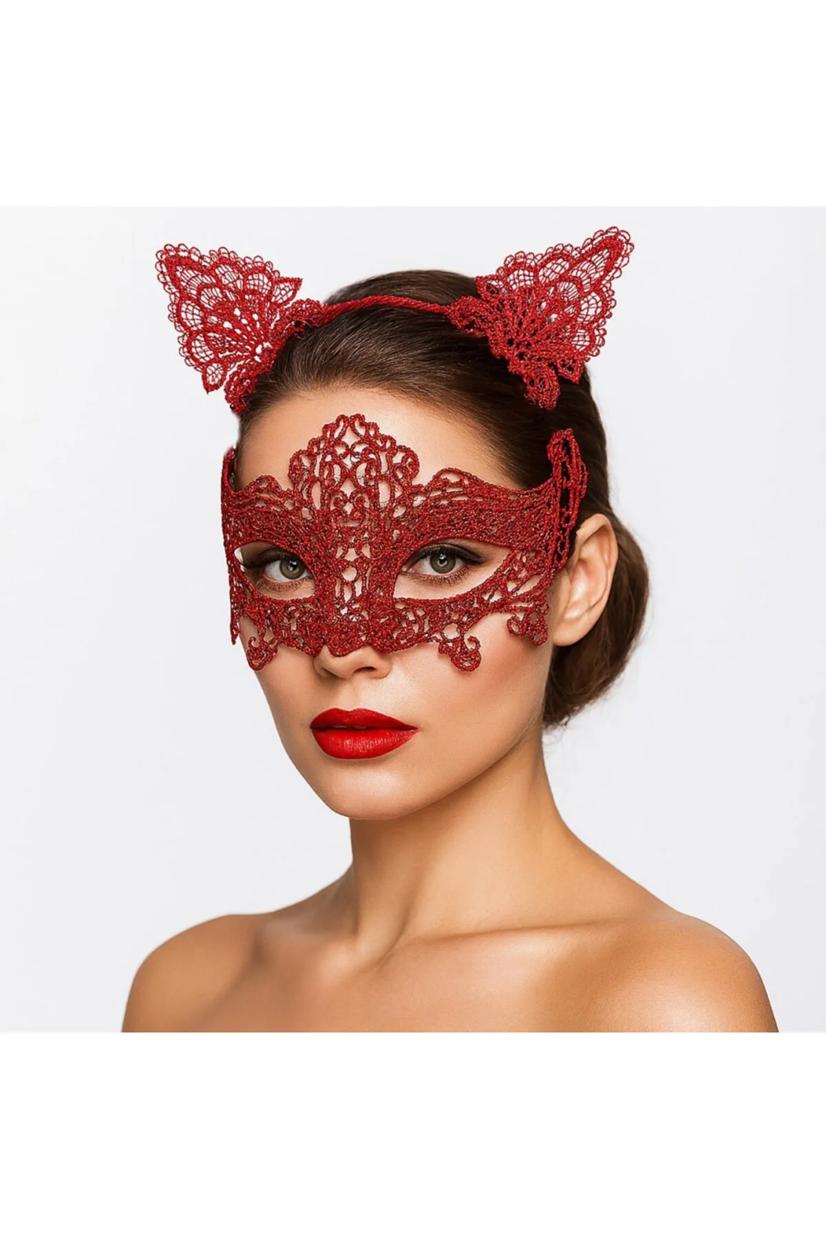 Romantik Kırmızı Dantel Maske Seti – Kedi Kulaklı Taç ve Maske 3 