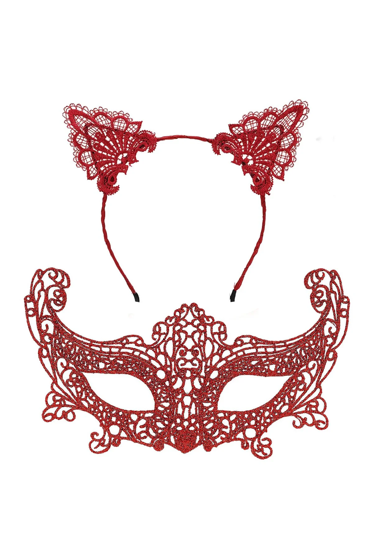 Romantik Kırmızı Dantel Maske Seti – Kedi Kulaklı Taç ve Maske 3 No (5060)