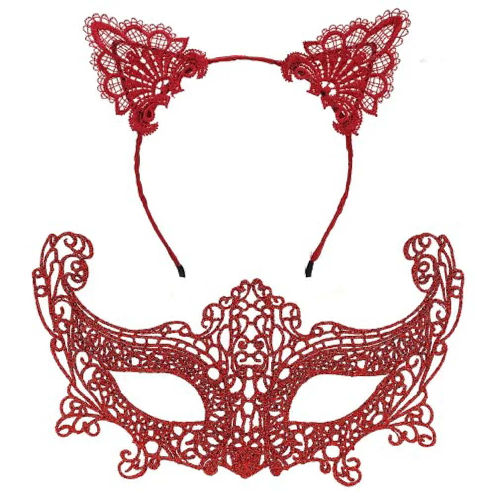 Romantik Kırmızı Dantel Maske Seti – Kedi Kulaklı Taç ve Maske 3 