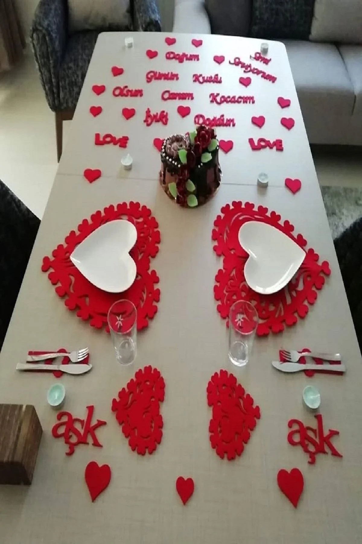 Romantik Masa Süsleme Set Kalın Keçe Amerikan Servis Runner Sunum