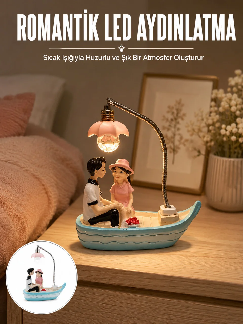 Romantik Sandal Üzerinde Çift Figürü Led Gece Lambası Masa Dekoru Yeni Nesil - Lisinya Diğer