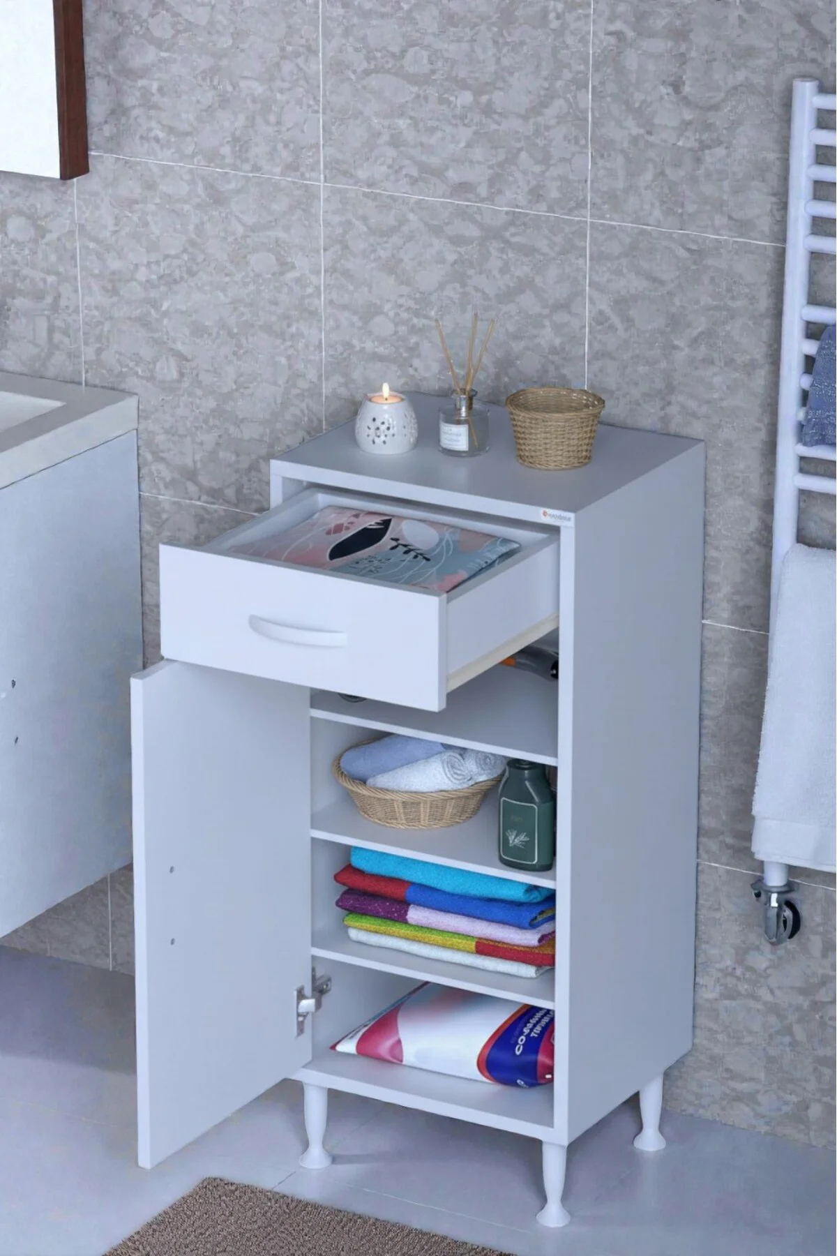 Rose 45 cm Beyaz 1 Çekmeceli Banyo Mutfak Dolabı 4 Bölmeli 3 Rafl Rose 45 cm Beyaz 1 Çekmeceli Banyo Mutfak Dolabı 4 Bölmeli 3 Rafl