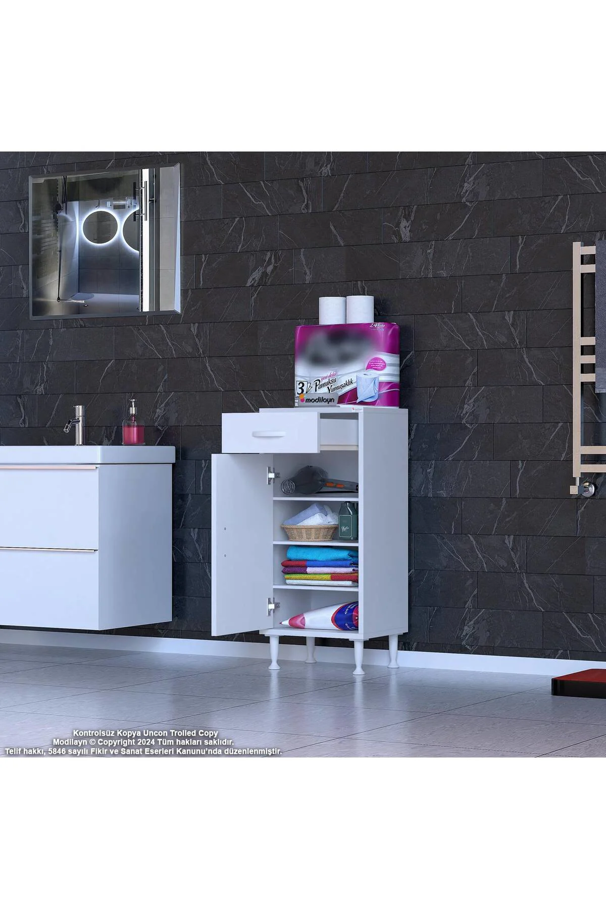 Rose 50 cm Beyaz 1 Çekmeceli Banyo Mutfak Dolabı 4 Bölmeli 3 Rafl