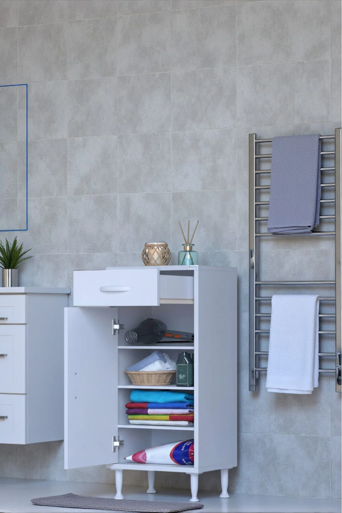 Rose 50 cm Beyaz 1 Çekmeceli Banyo Mutfak Dolabı 4 Bölmeli 3 Rafl