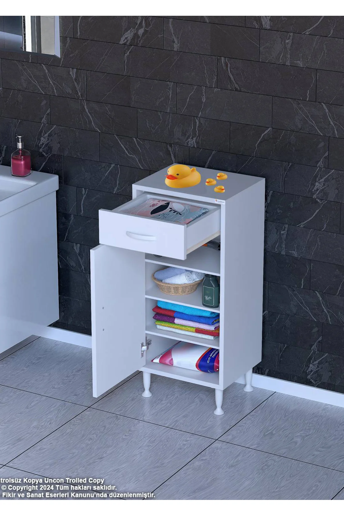Rose 50 cm Beyaz 1 Çekmeceli Banyo Mutfak Dolabı 4 Bölmeli 3 Rafl