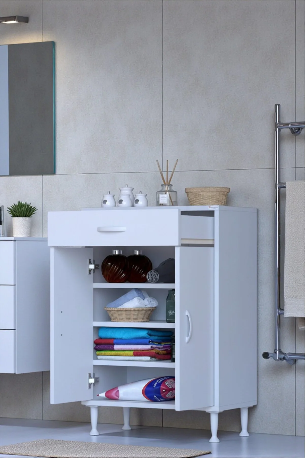 Rose 55 cm Beyaz 1 Çekmeceli Banyo Mutfak Dolabı 4 Bölmeli 3 Rafl