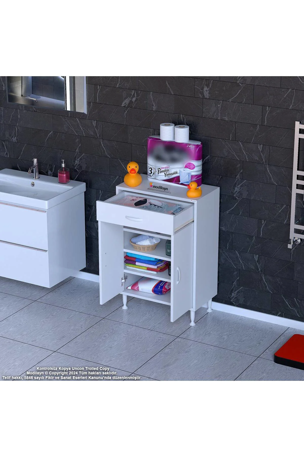 Rose 55 cm Beyaz 1 Çekmeceli Banyo Mutfak Dolabı 4 Bölmeli 3 Rafl