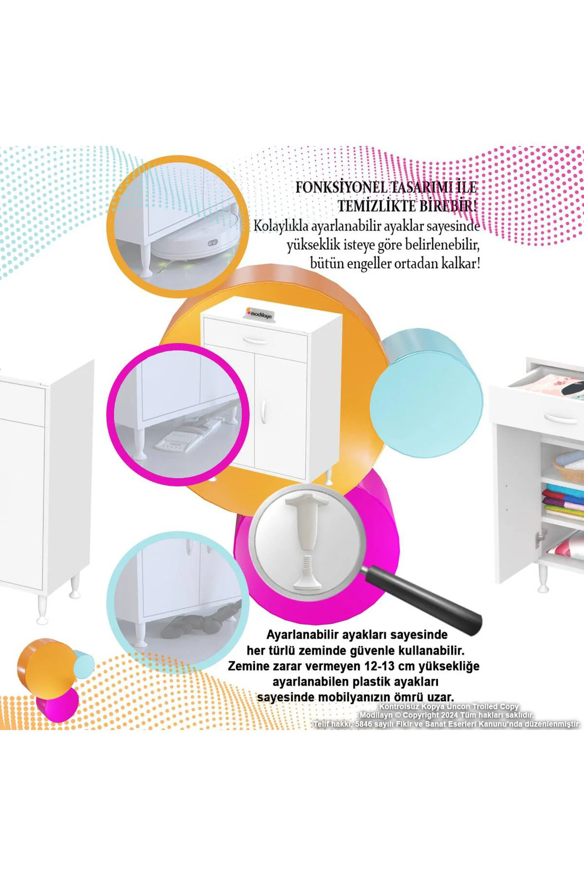 Rose 55 cm Beyaz 1 Çekmeceli Banyo Mutfak Dolabı 4 Bölmeli 3 Rafl